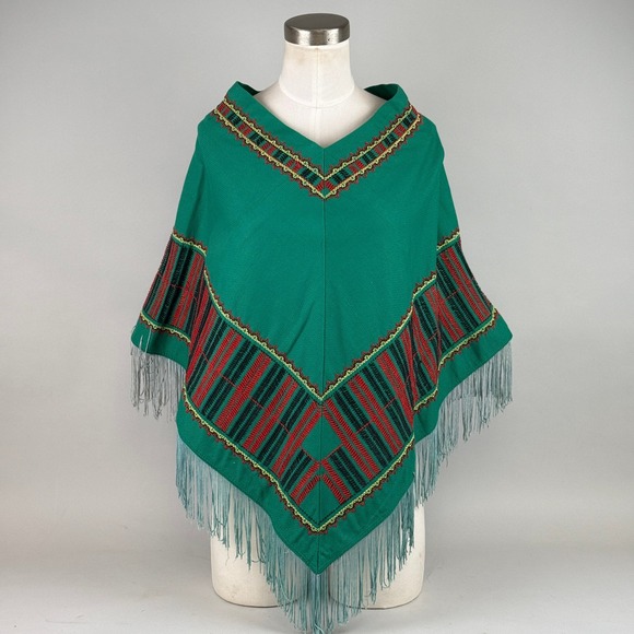 Sweaters - Vintage Southwestern Style Poncho Women OS Green Embroidered Fringe Cape